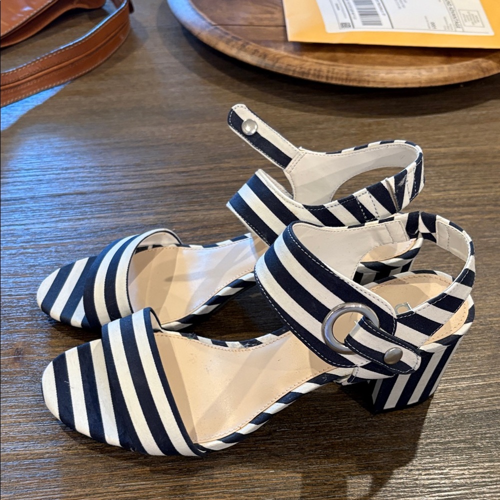 Striped Navy and White Block Heel Sandals-Never worn